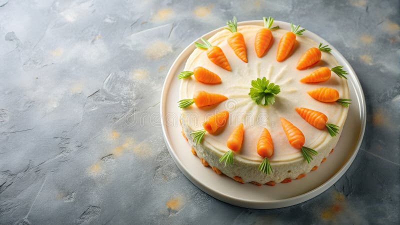 Delikate Karottenkuchen Dessert eine cremige Freude mit Marzipan Karottengarnish auf einer texturierten Oberfläche. Generative AI stock abbildung