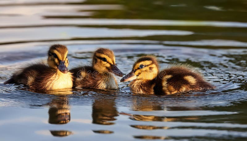 Delikate Wilde Ducklings Mitten in ruhiger Morgenröte Reflektionen Capture the Serene Beauty of a Stille Lake at Dawn Showelling lizenzfreie abbildung