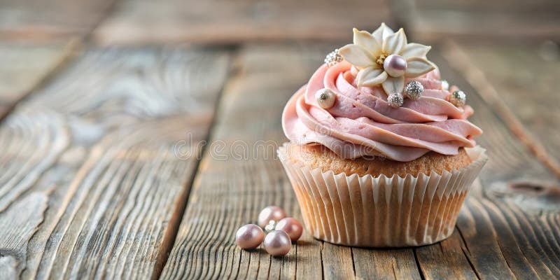 Delikater rosa Kuchen mit gebrüsteter frostiger eleganter Blume und Perlendekoration auf rustikaler Holzoberfläche. Generative AI vektor abbildung