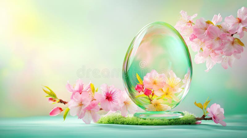 Delikates Glaseier mit Frühlingsblüten auf weichem grünem Hintergrund vektor abbildung
