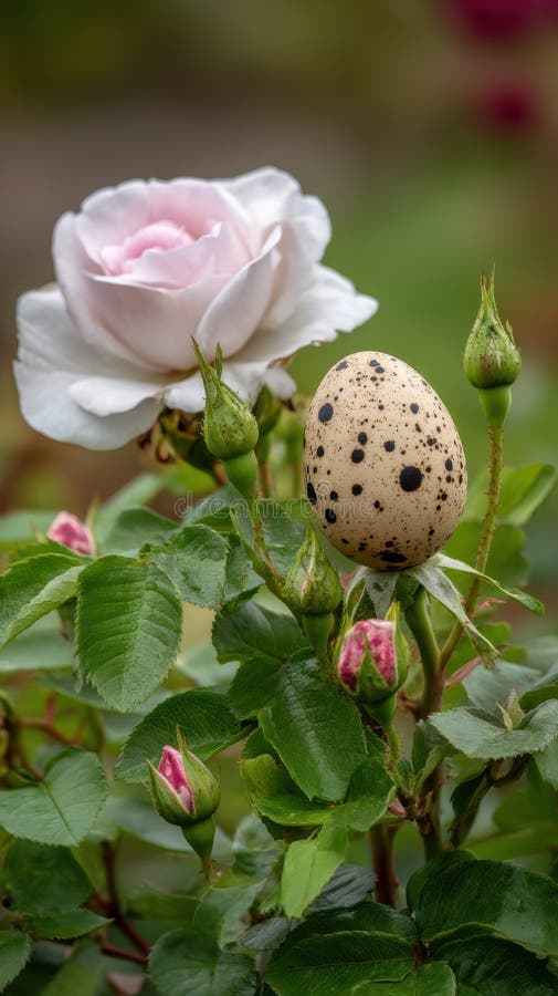 Delikates Rose Blossom mit Quail Egg Springtime Garden Szene Symbolismus Natur Fotografie lizenzfreie stockfotos