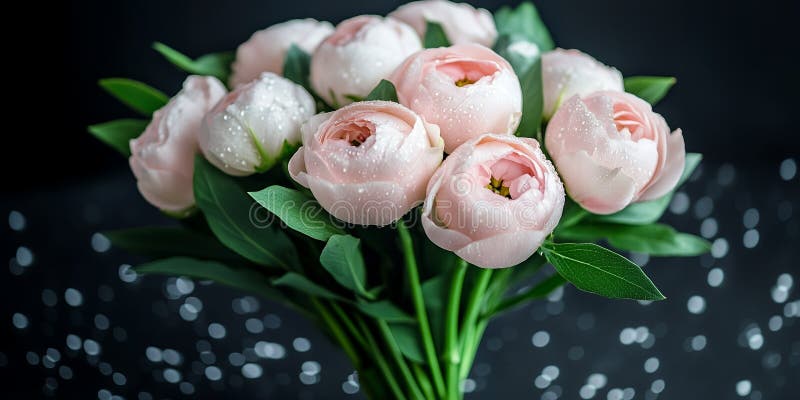 Delikatny różowy ranunculus bukiet świeże kwiaty krople rosy royalty ilustracja