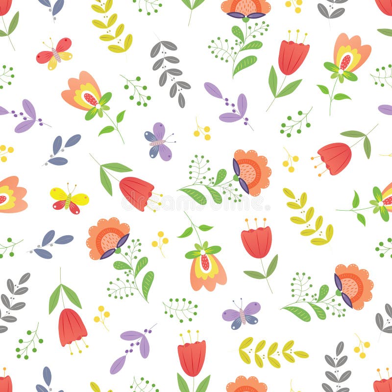 Vector flower illustration. Botanic seamless pattern with different flowers in traditional style. Folk gentle floral background. Vector flower illustration. Botanic seamless pattern with different flowers in traditional style. Folk gentle floral background