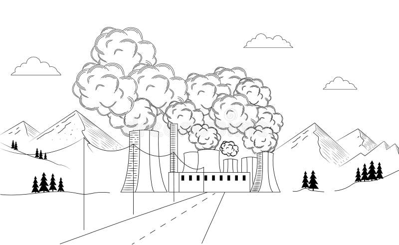 Delineare il paesaggio industriale nell'incisione dello smog dell'inquinamento di stirpe per indicare il concetto di tecnologia ve illustrazione vettoriale