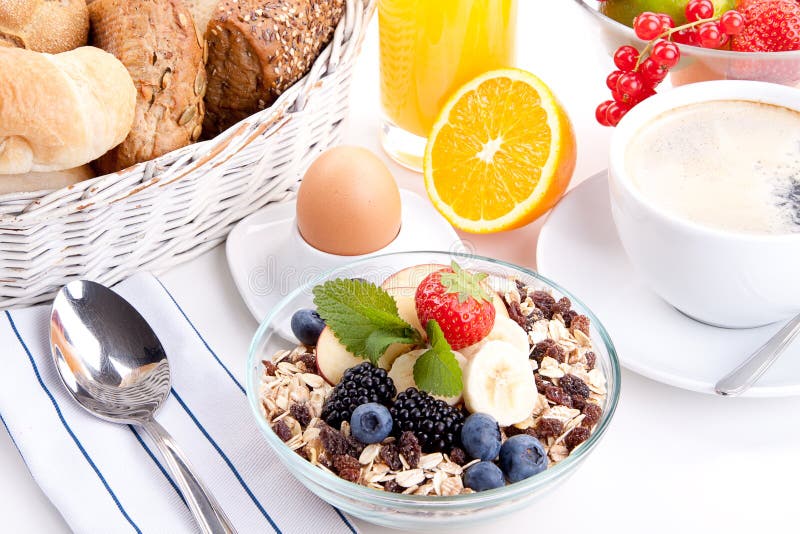 Deliscious healthy breakfast with flakes and fruits royalty free stock photography