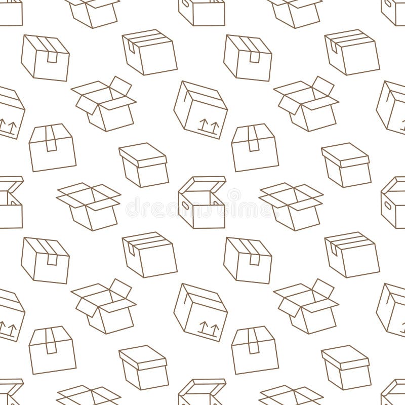 Delivery box background, cargo package seamless pattern. Various open and closed cardboard boxes, parcel flat line icons vector illustration