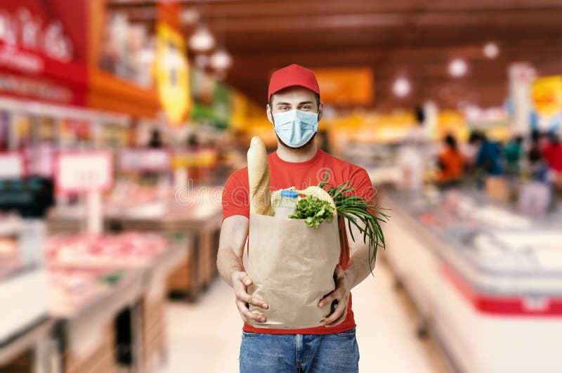 Delivery Company Worker Holding Grocery Box, Food Order, Supermarket Service Stock Photo - Image Of Market, Paper: 181612662