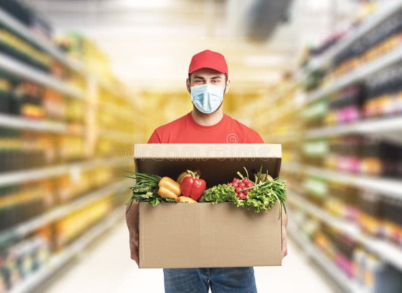 Delivery Company Worker Holding Grocery Box, Food Order, Supermarket Service Stock Photo - Image Of Mask, Express: 185352610