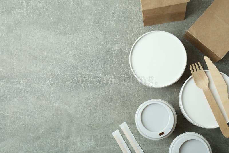 Delivery Containers for Takeaway Food on Gray Textured Table Stock