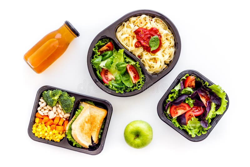 Delivery Containers with Takeout Food on Table. View from Above Stock