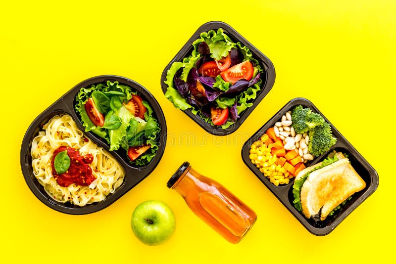 Delivery Containers with Takeout Food on Table. View from Above Stock
