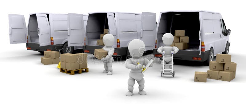 Workers loading boxes into delivery vans. Stack vehicle illustrations