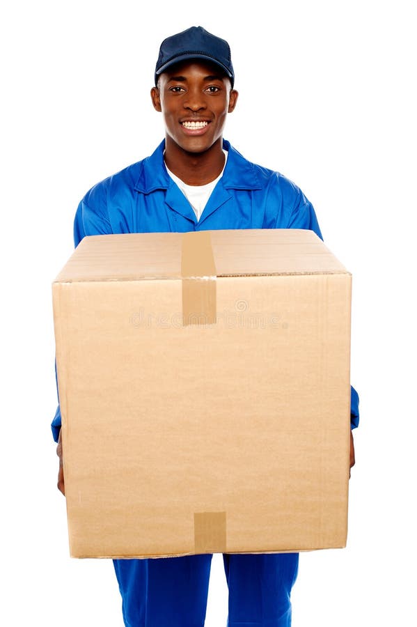 Delivery Guy Holding Big Parcel and Smiling Stock Image Image of looking, background 25883587