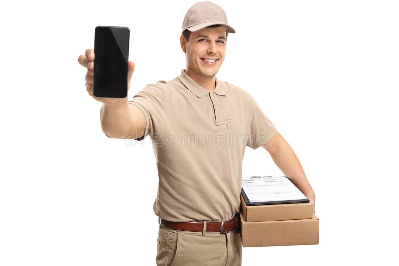 Delivery Guy Showing A Phone Stock Image Image Of Phone Parcel 115049635