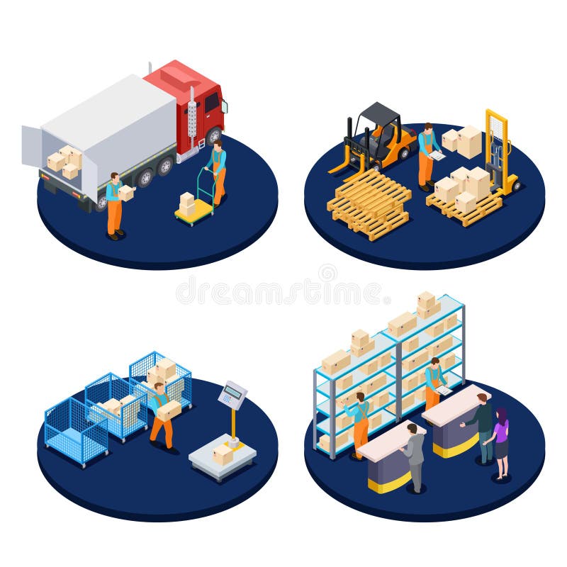 Delivery Isometric. Logistic, Distribution Warehouse, Parcel Delivery  Isometric Vector Concepts Stock Vector - Illustration of express, forklift:  149544872