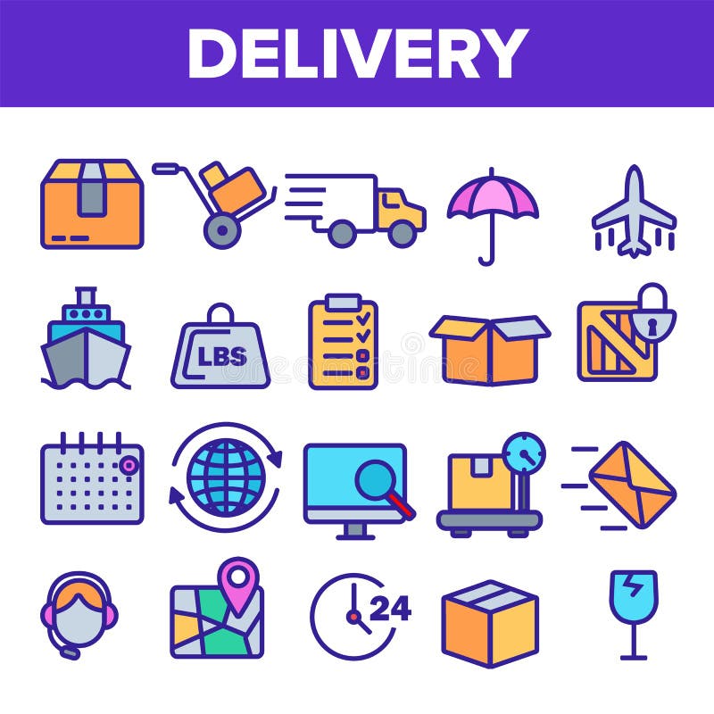 Delivery Line Icon Set Vector. Fast Transportation Service. Delivery 24 Logistic Support Icons. Express Order. Thin