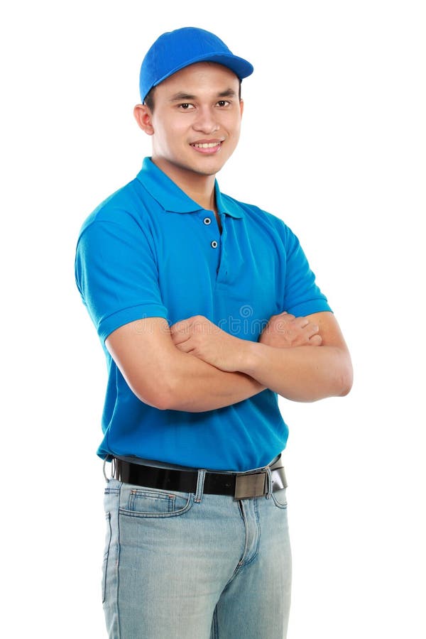 Delivery Man in Blue Uniform Stock Photo Image of attractive, courier