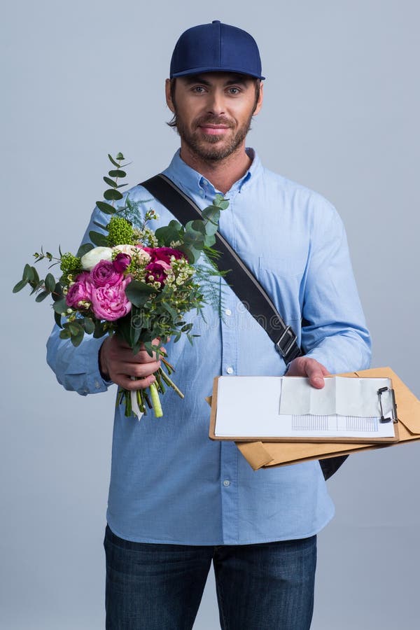 Delivery Man Bringing Flower Bouquet Stock Image Image of bouquet