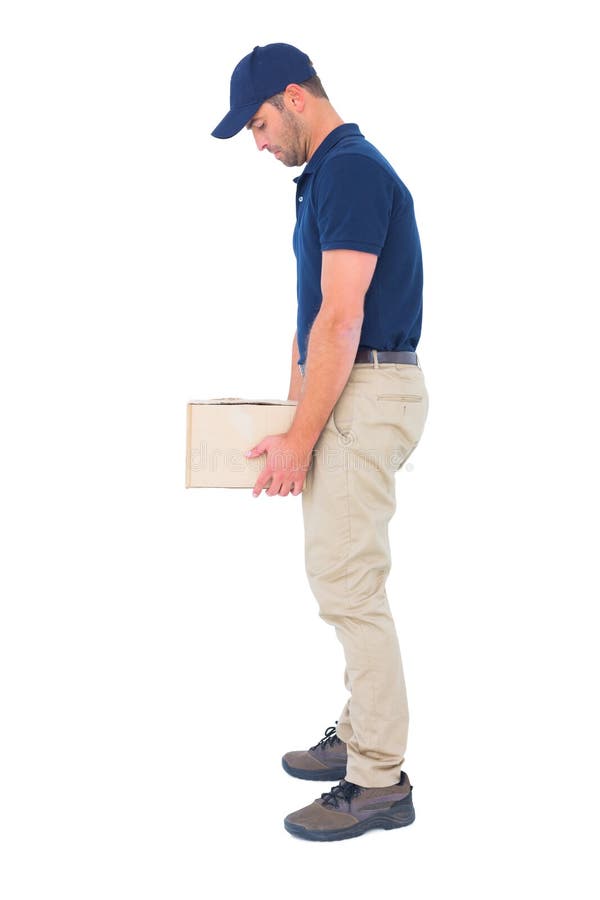 Delivery Man Carrying Heavy Package On White Background Stock Image