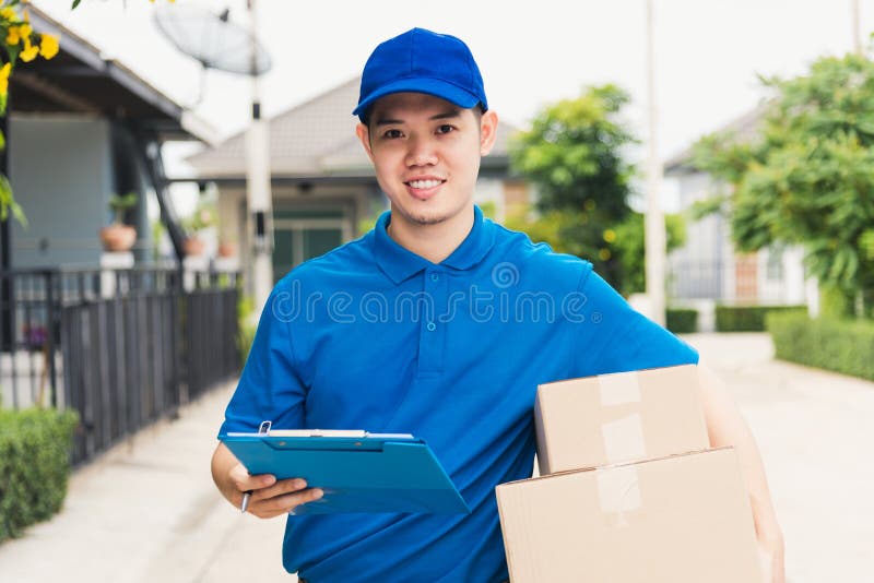 Delivery Man Courier in Uniform Hold Parcel Post Boxes Service Shipment