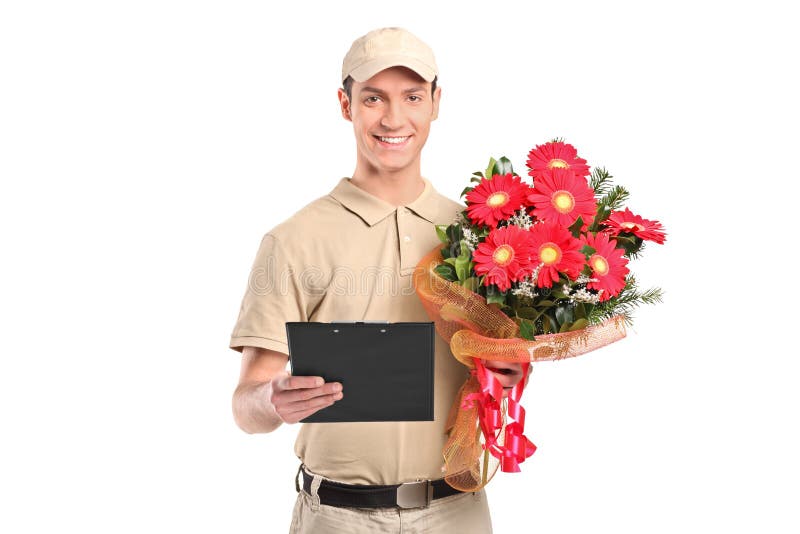 Delivery man holding a beautiful bouquet