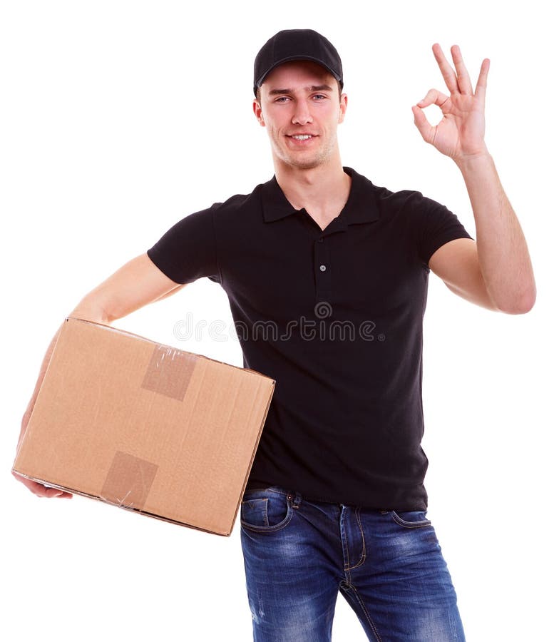 Delivery man holding a cardboard box