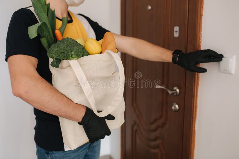 Delivery Man Mask Gloves Bring Fresh Food Customer's Home Stay