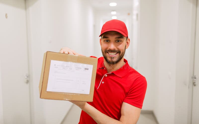 Delivery Man with Parcel Box in Corridor Stock Photo Image of indoors