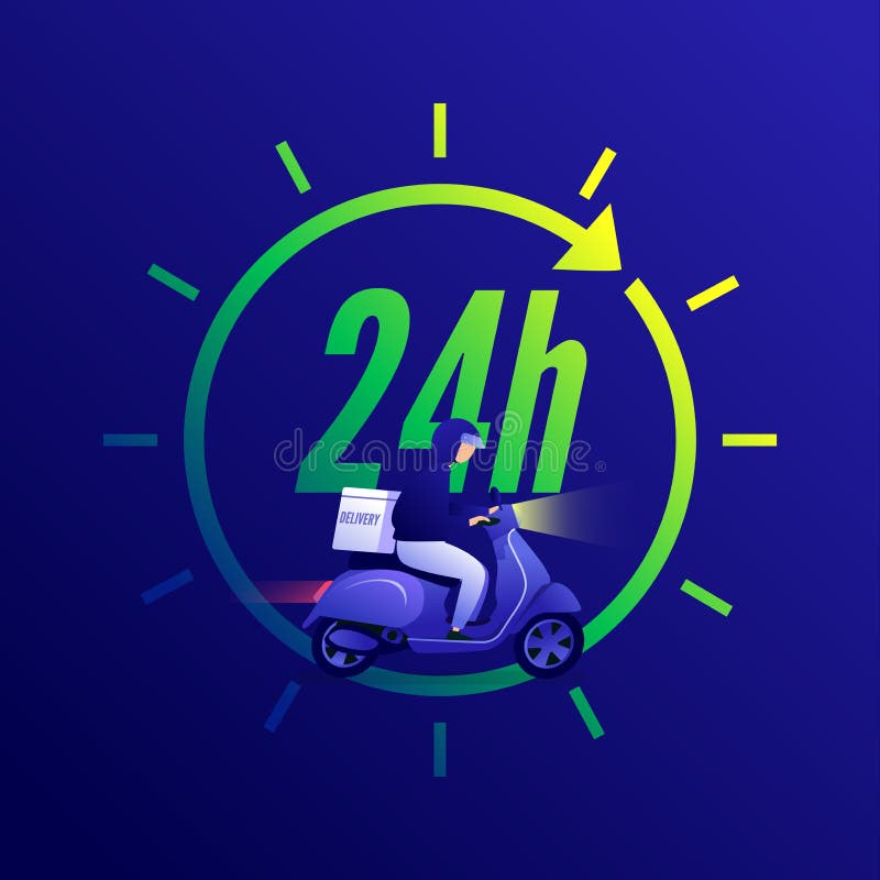 Delivery Man Ride Scooter Motorcycle. Delivery 24 Hour Concept. Stock