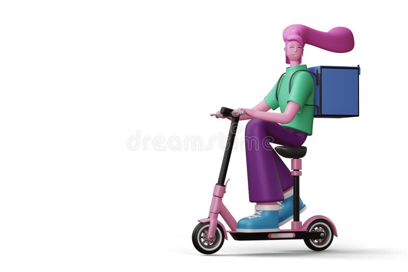 Delivery Man Riding a Scooter with Delivery Box, 3d Rendering Stock