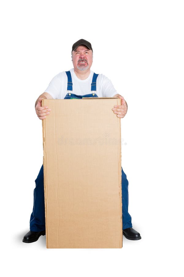 Delivery man standing behind large cardboard box against white background