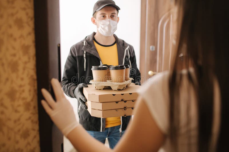 Delivery Man Mask Gloves Bring Fresh Food Customer's Home Stay