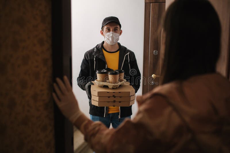 Delivery Man Mask Gloves Bring Fresh Food Customer's Home Stay