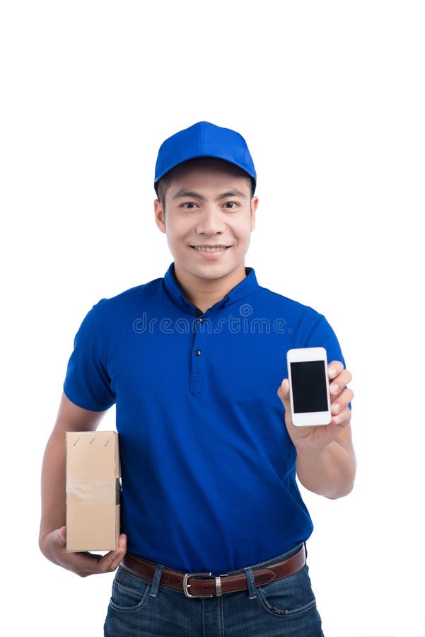 Delivery Person. Asian Postman with Parcel Box Showing Mobile Ph Stock