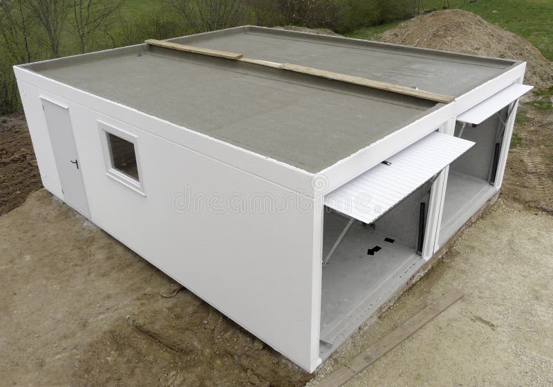 Prefabricated garage on construction side stock photos