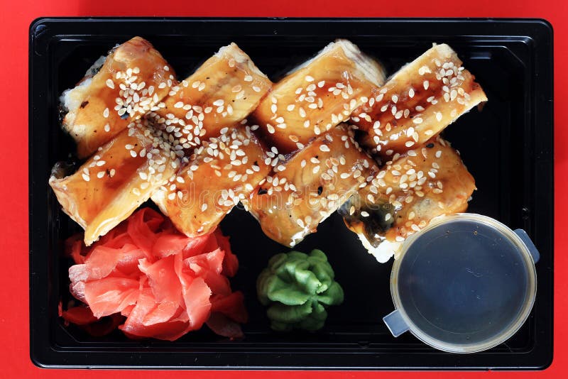 Delivery Service Japanese Food Rolls In Plastic Box Stock Photo - Image
