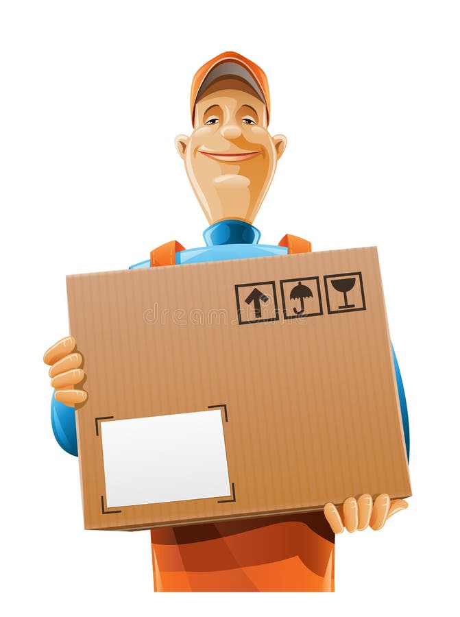 Zásilková služba muž s box ilustrace izolované na bílém pozadí.