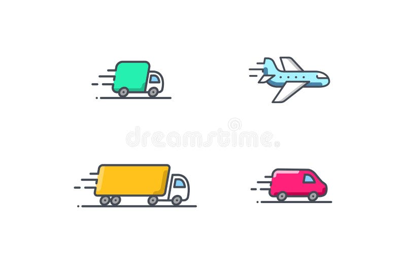 Delivery service vector icon set. Truck Van Semi truck Air plane logo collection isolated on white. Moving car line sign