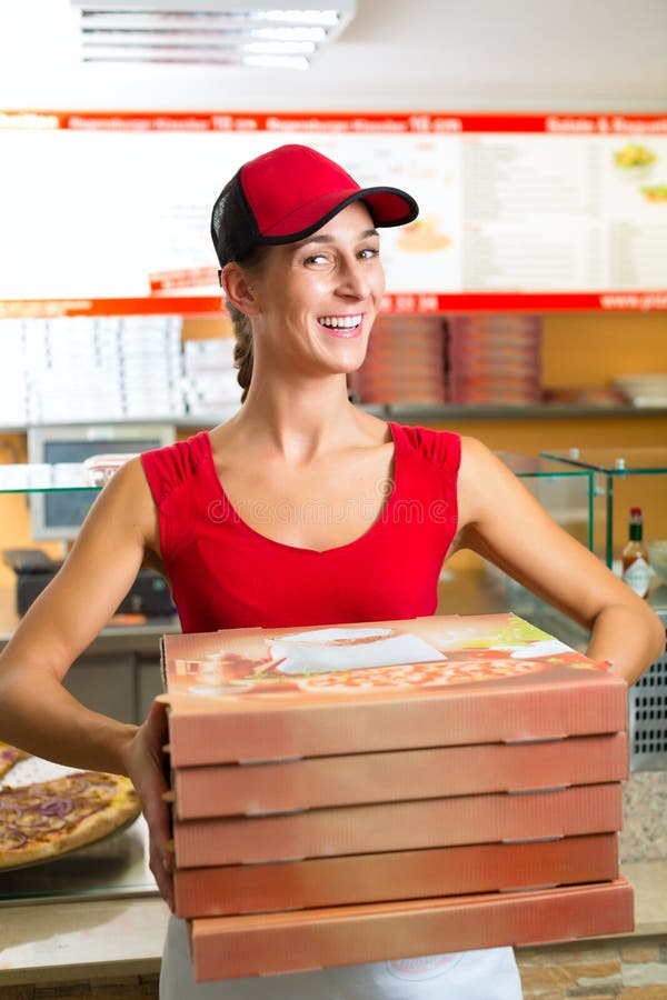 Delivery Service Woman Holding Pizza Boxes Stock Photo Image of business, kitchen 29524872