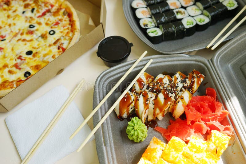 Delivery and Takeout Food. Ready To Eat. Lunch Idea. Fast Food Stock