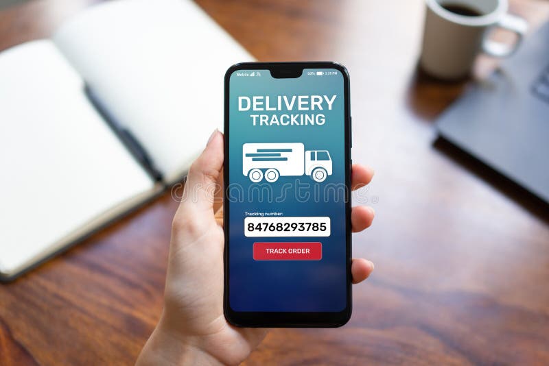 Delivery tracking application form on mobile phone screen. Business and service concept. stock images Delivery tracking application form on mobile phone screen. Business and service concept. stock images