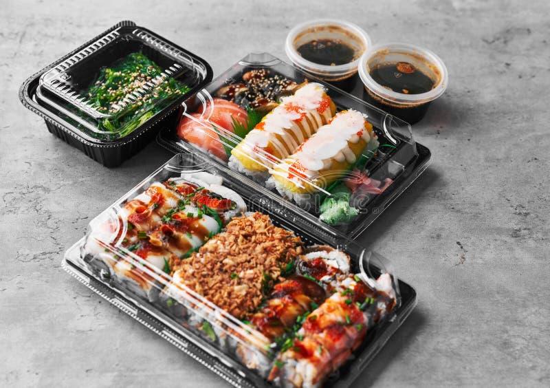 Delivery Tray of Sushi Food on a Concrete Surface Stock Image Image