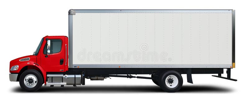 Delivery truck side view with red cab. stock photo