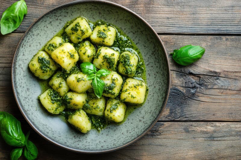 Deliziosa tavola di legno di Gnocchi Pesto Sauce Rustic royalty illustrazione gratis