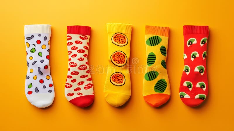 Deliziosa varietà di calze divertenti con modelli alimentari perfetti per aggiungere un tocco giocoso a qualsiasi vestito illustrazione vettoriale
