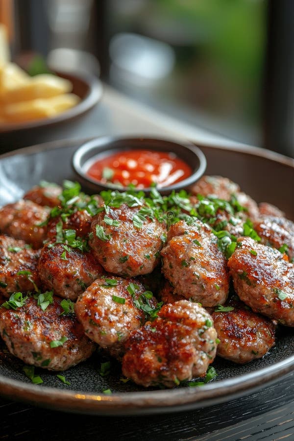Deliziose polpette artigianali con erbe fresche e salsa piccante di pomodoro royalty illustrazione gratis