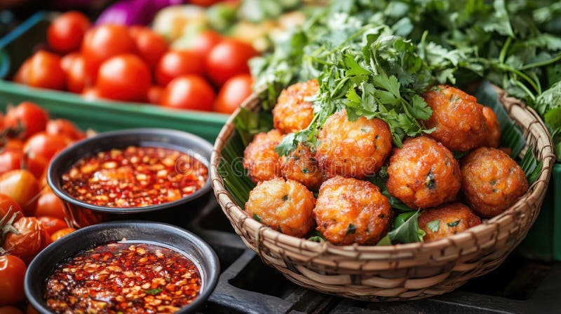 Deliziose torte di pesce thai fritte e fritte servite con erbe e salse fresche royalty illustrazione gratis