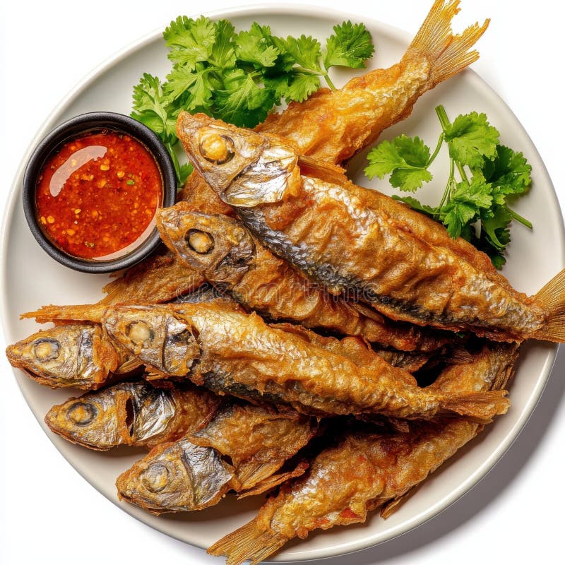 Deliziosi pesci fritti thailandesi con salsa Tamarind e erbe fresche illustrazione vettoriale