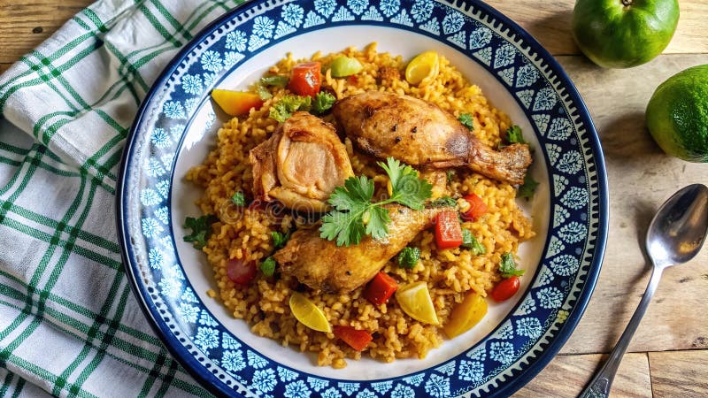 Delizioso arroz con pollo in casa servito su un piatto vivace avvolto con erbe fresche e fette di arachidi.. aizione generativa illustrazione vettoriale