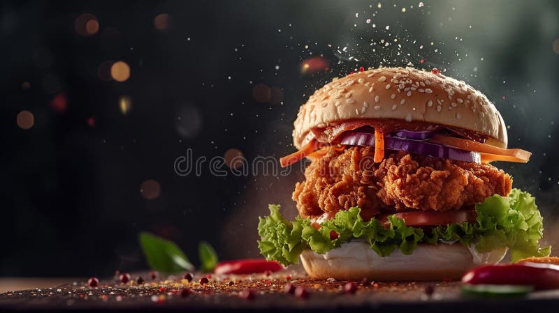 Delizioso hamburger di pollo succulento su fondo scuro immagine stock libera da diritti